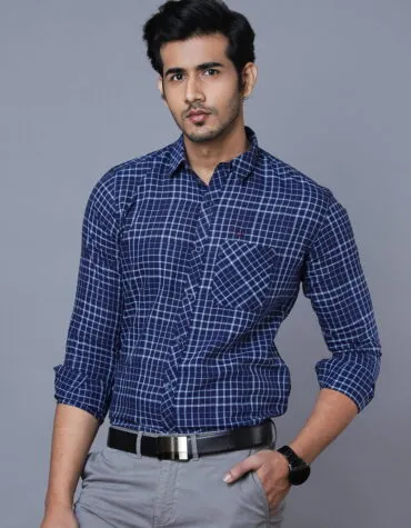 Handloom Cotton Shirt In Navy Blue