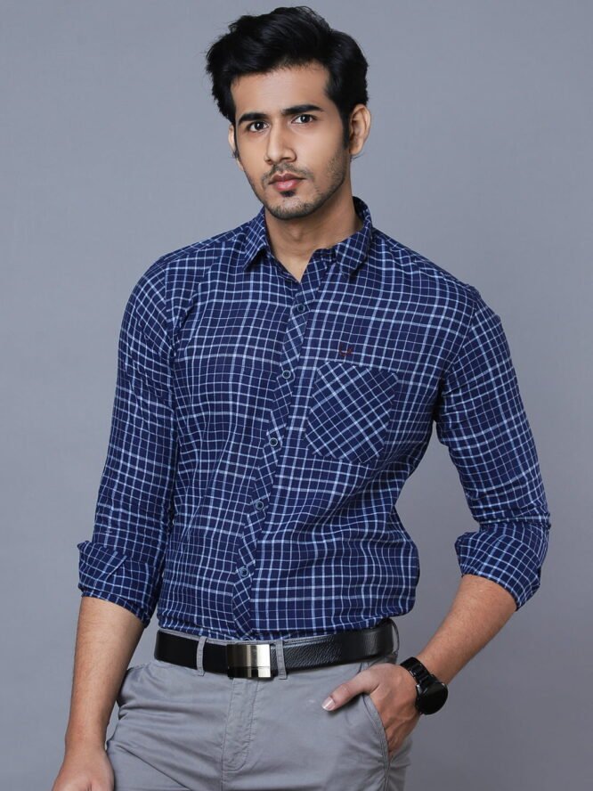 Handloom Cotton Shirt In Navy Blue