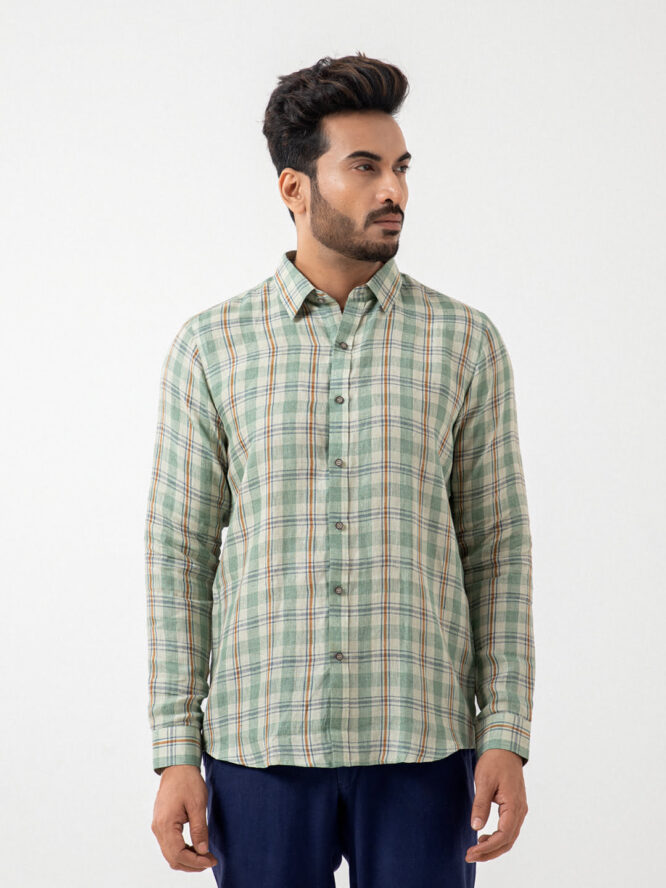 European Linen Check Shirt In Olive