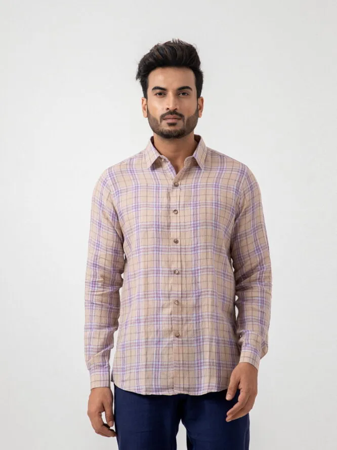 European Linen Check Shirt In Purple