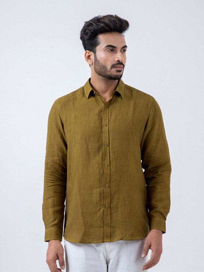 European Linen Solid Shirt In Olive