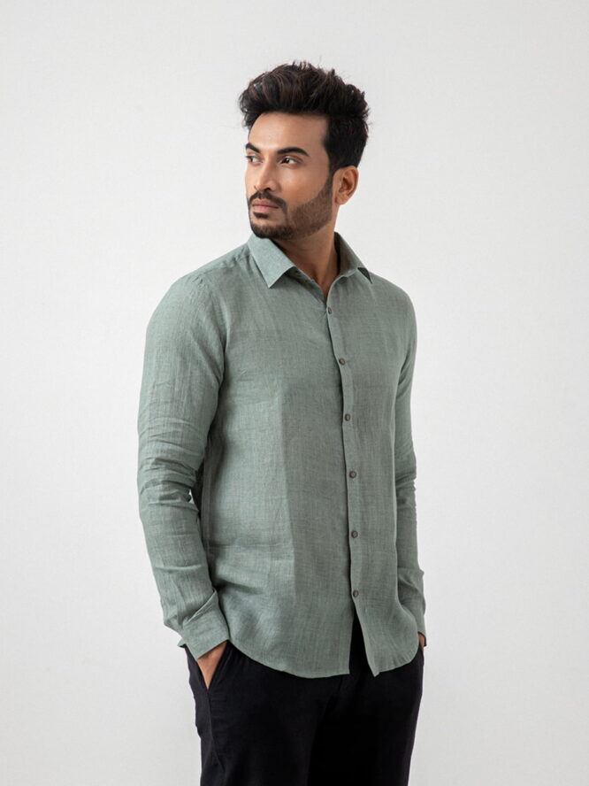 European Linen Solid Shirt In Teal side view