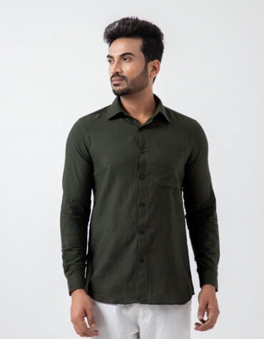 Pure Khadi Stripe Shirt In Forest Green