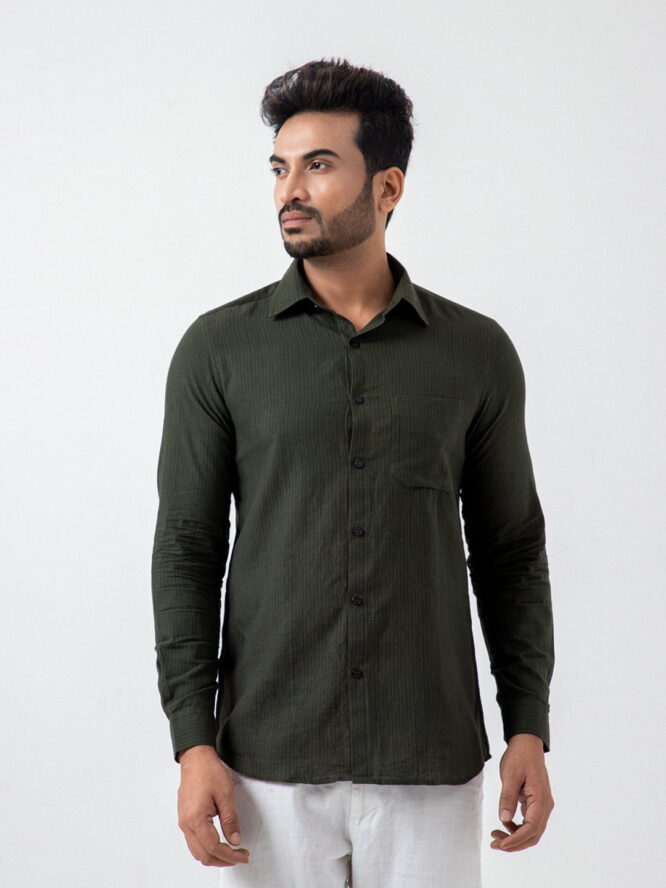 Pure Khadi Stripe Shirt In Forest Green