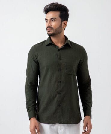 Pure Khadi Stripe Shirt In Forest Green