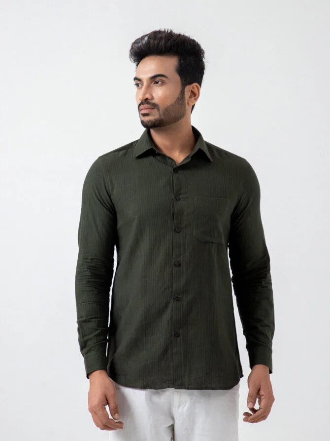 Pure Khadi Stripe Shirt In Forest Green