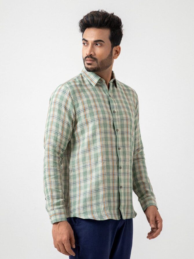 Linen Check Shirt In Olive - Image 2