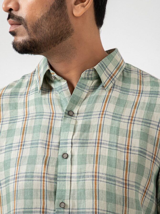 Linen Check Shirt In Olive - Image 4