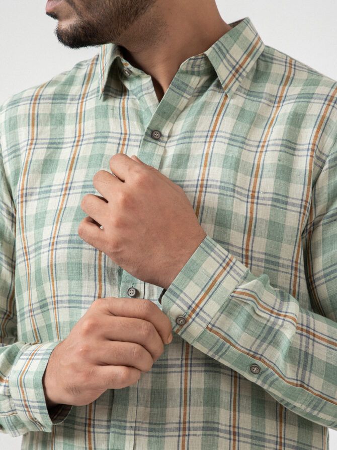 Linen Check Shirt In Olive - Image 5