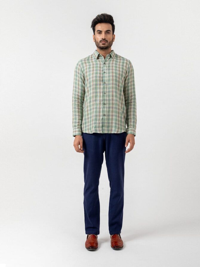 Linen Check Shirt In Olive - Image 6