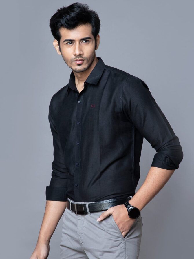 Handloom Mulberry Silk Shirts in Black - Image 2