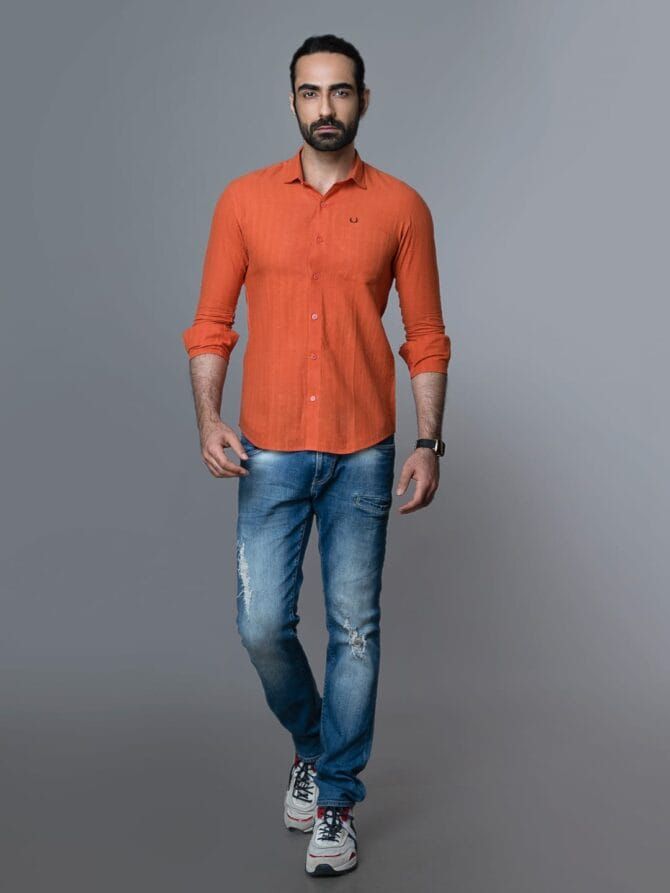 Handloom Khadi Shirt in Orange - Image 5