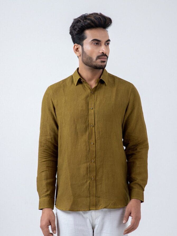 Linen Solid Shirt In Olive