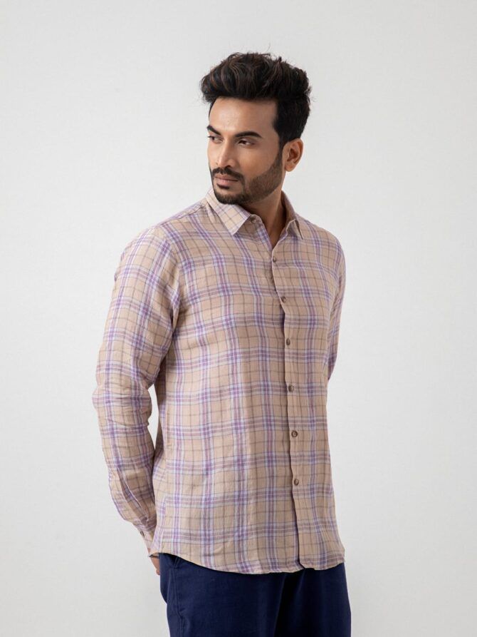 Linen Check Shirt In Purple - Image 3