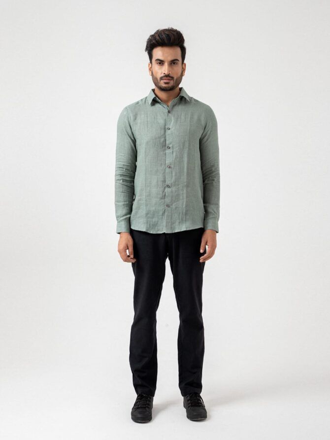 Linen Solid Shirt In Teal - Image 6