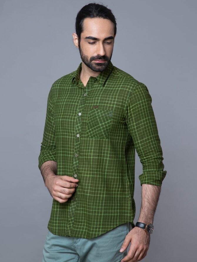 Handloom Cotton Shirt In Green - Image 2