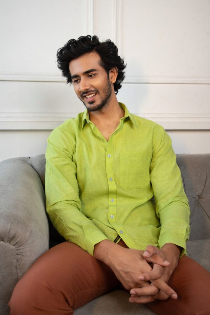 Handloom Cotton shirt in Lime - Image 3