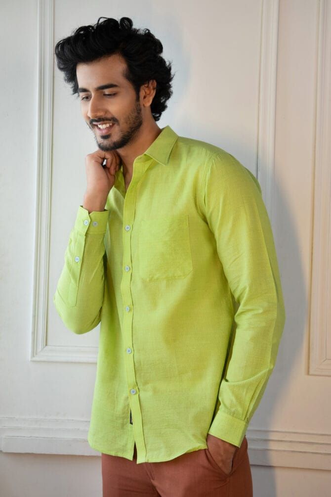 Handloom Cotton shirt in Lime - Image 2