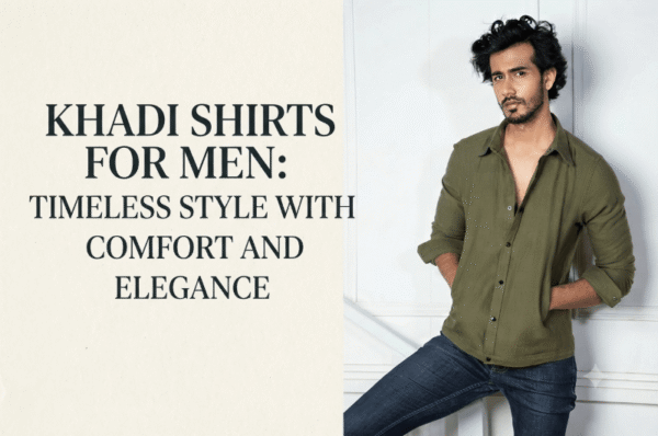 Advertisement split image: left bold headline 'KHADI SHIRTS FOR MEN: TIMELESS STYLE WITH COMFORT AND ELEGANCE'; right a man in an olive-green shirt leaning against a white wall, posing.