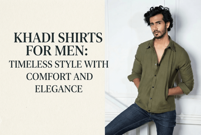 Advertisement split image: left bold headline 'KHADI SHIRTS FOR MEN: TIMELESS STYLE WITH COMFORT AND ELEGANCE'; right a man in an olive-green shirt leaning against a white wall, posing.