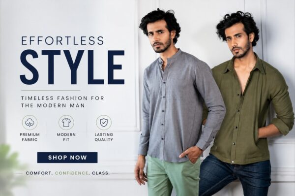 Advertisement featuring two men in casual shirts posing; headline reads 'Effortless Style' with a 'Shop Now' button and icons for premium fabric, modern fit, lasting quality.