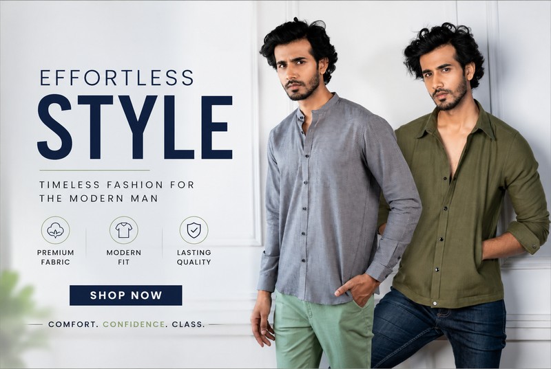 Advertisement featuring two men in casual shirts posing; headline reads 'Effortless Style' with a 'Shop Now' button and icons for premium fabric, modern fit, lasting quality.